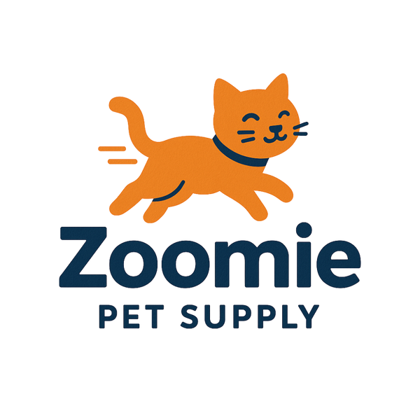 Zoomie Pet Supply logo with an orange cat illustration on a white background