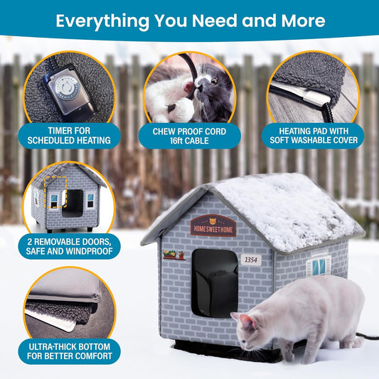 Weatherproof Heated Outdoor Cat House with Timer – Cozy & Safe Shelter for Feral & Indoor Cats
